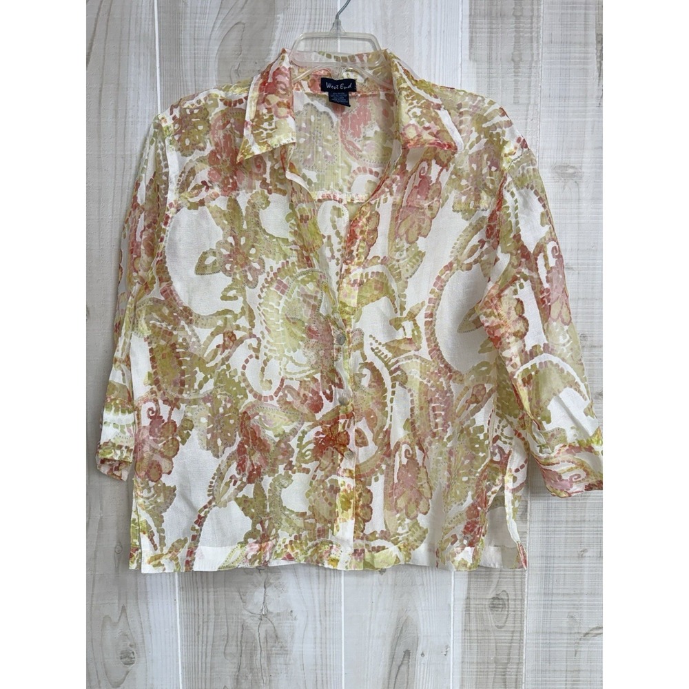 West End Y2K Gypsy Poet Chiffon Organza Lightweight Floral Blouse Sheer Shirt L